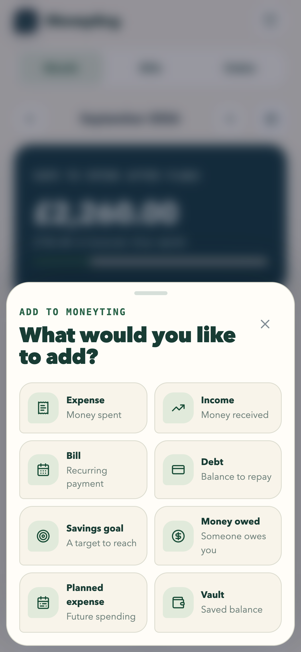 Moneyting Minty v1 Add menu with consistent shortcuts for expenses, income, bills, debts, savings, money owed, plans, and vaults